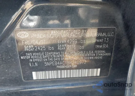 2011 Hyundai Sonata Gls из США, поврежденный, VIN 5NPEB4AC1BH240972